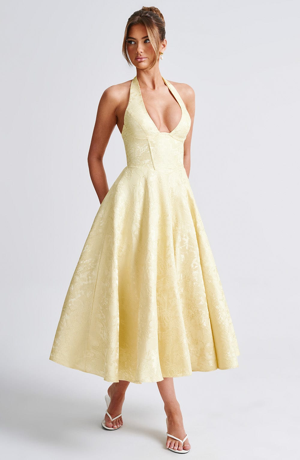 Iris Robe Midi Femme – Robe Dos Nu en Jacquard Floral avec Corsage Ajusté & Jupe Évasée