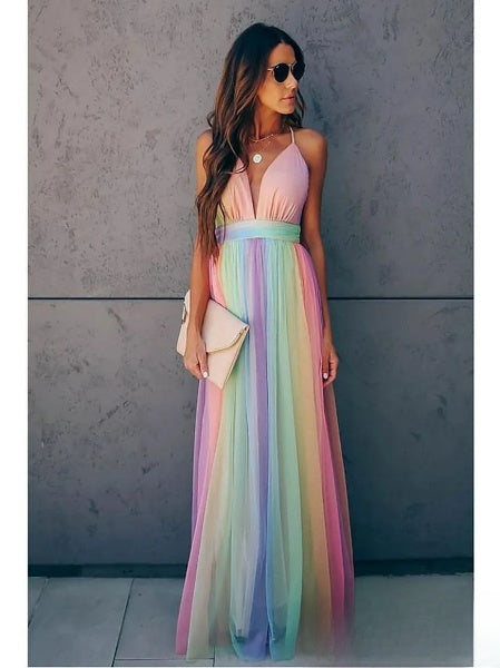 Isabelle Robe Longue Femme – Elegant kjole med regnbuefarvet gradient til feminint sommerlook
