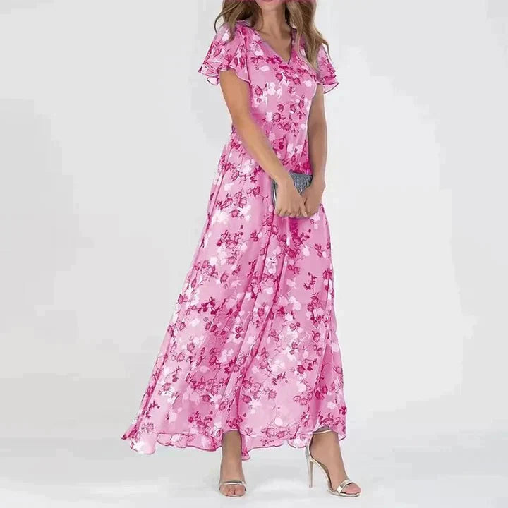 Irene Robe Maxi Femme – Decolteu în V Flatter, Imprimat Floral Ușor & Croială Confortabilă