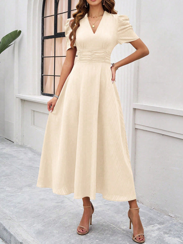 Clara Robe Midi Woman – V-Neck, Puff Sleeves & A-Line Cut for Weddings & Events
