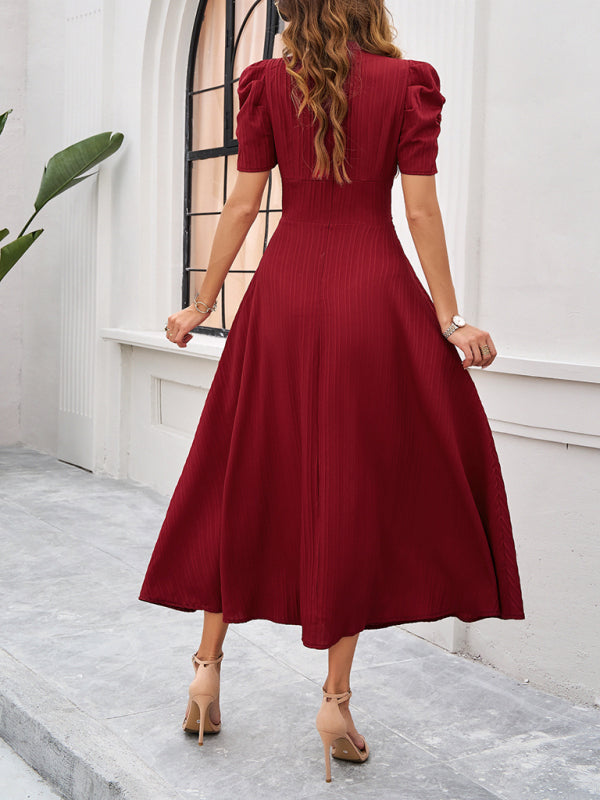 Clara Robe Midi Woman – V-Neck, Puff Sleeves & A-Line Cut for Weddings & Events