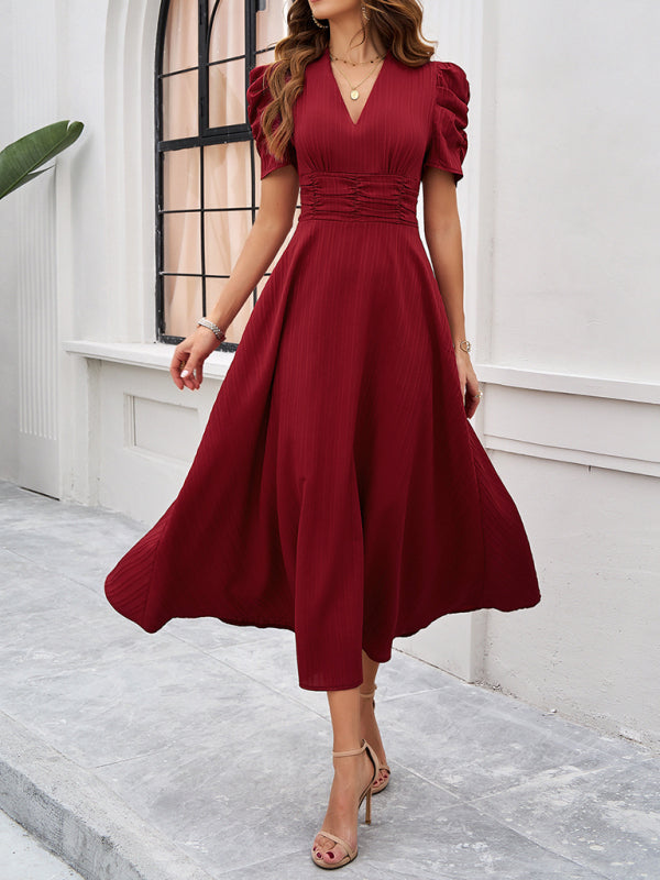 Clara Robe Midi Woman – V-Neck, Puff Sleeves & A-Line Cut for Weddings & Events
