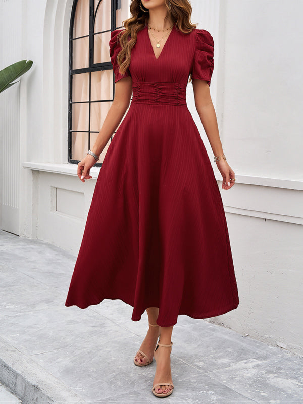 Clara Robe Midi Woman – V-Neck, Puff Sleeves & A-Line Cut for Weddings & Events