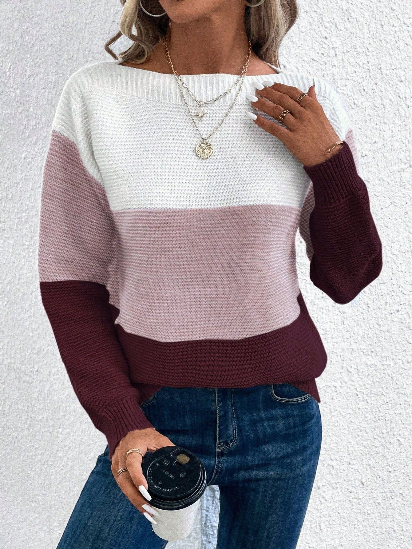 Aubree Pull en Maille Color-Block pour Femme – Blød Strik, Løs Pasform med Ternet Mønster