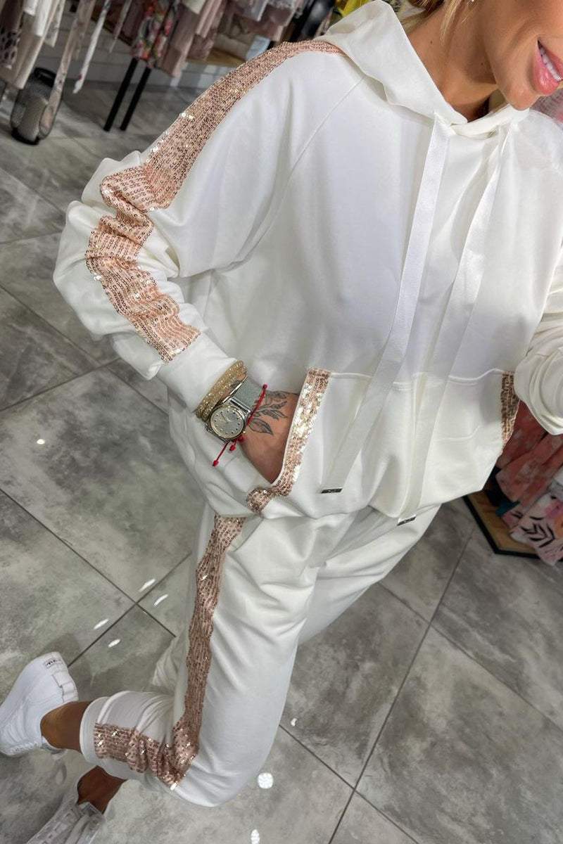 Jasmine Ensemble Loungewear Automnal pour Femme – Měkká mikina s kapucí a flitry & Pohodlné kalhoty pro každodenní komfort