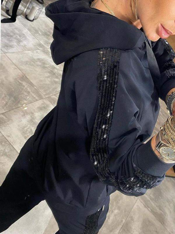 Jasmine Ensemble Loungewear Automnal pour Femme – Měkká mikina s kapucí a flitry & Pohodlné kalhoty pro každodenní komfort