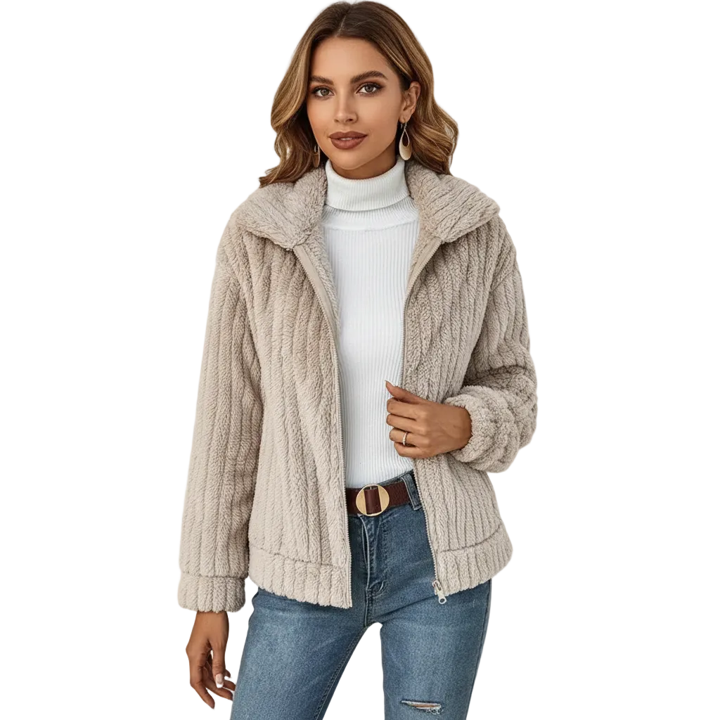 Colete Longo de Pêlo para Senhora May – Casaco Elegante e Quente com Fecho e Bolsos