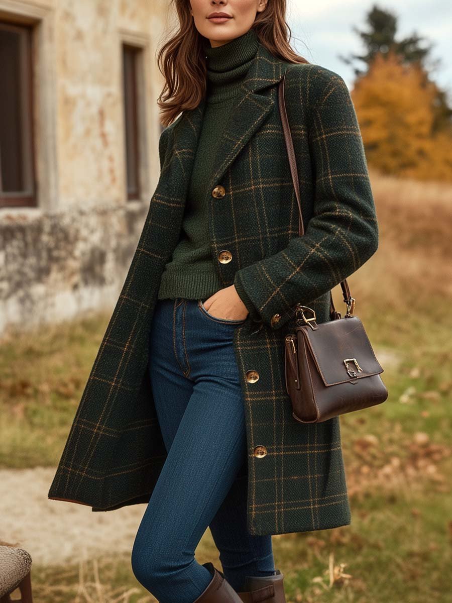 Peyton Manteau Femme Laine – Long Manteau À Carreaux Élégant avec Coupe Ajustée & Chaleur Légère