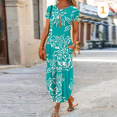 Caroline Robe Maxi Femme – Coton & Lino, Corte Fluido y Motivo Atemporal