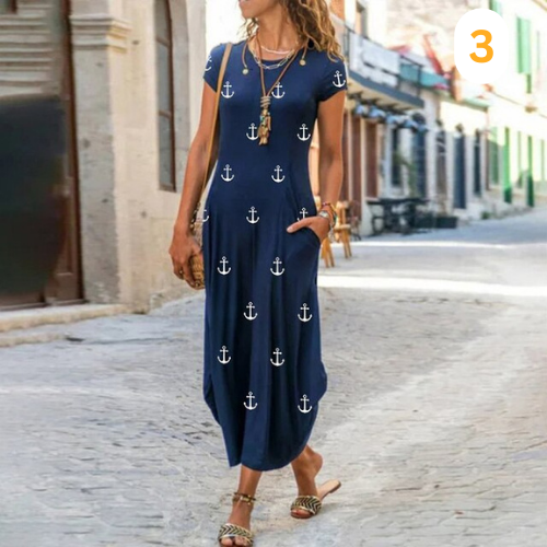 Caroline Robe Maxi Femme – Coton & Lino, Corte Fluido y Motivo Atemporal