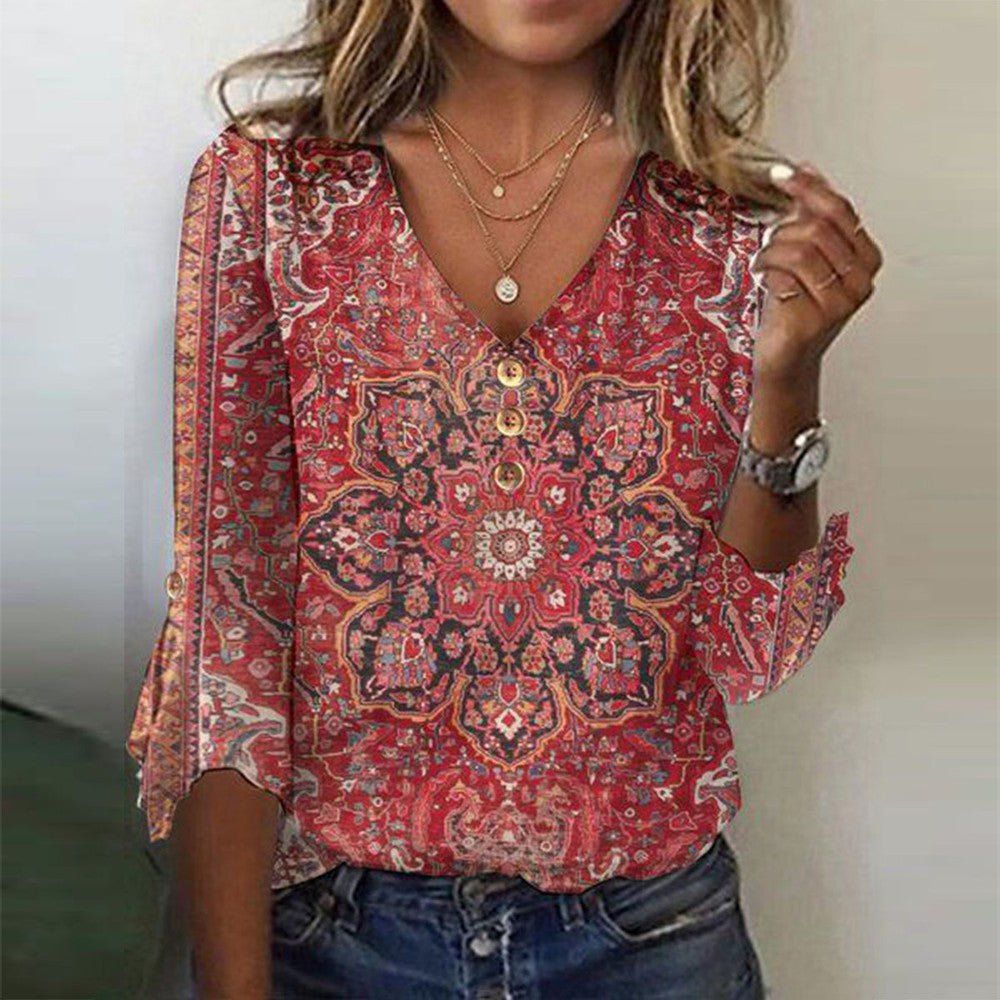 Brianna Damesblouse Bohème – Robijnrode Blouse met Oosters Patroon & Authentieke Boho Stijl