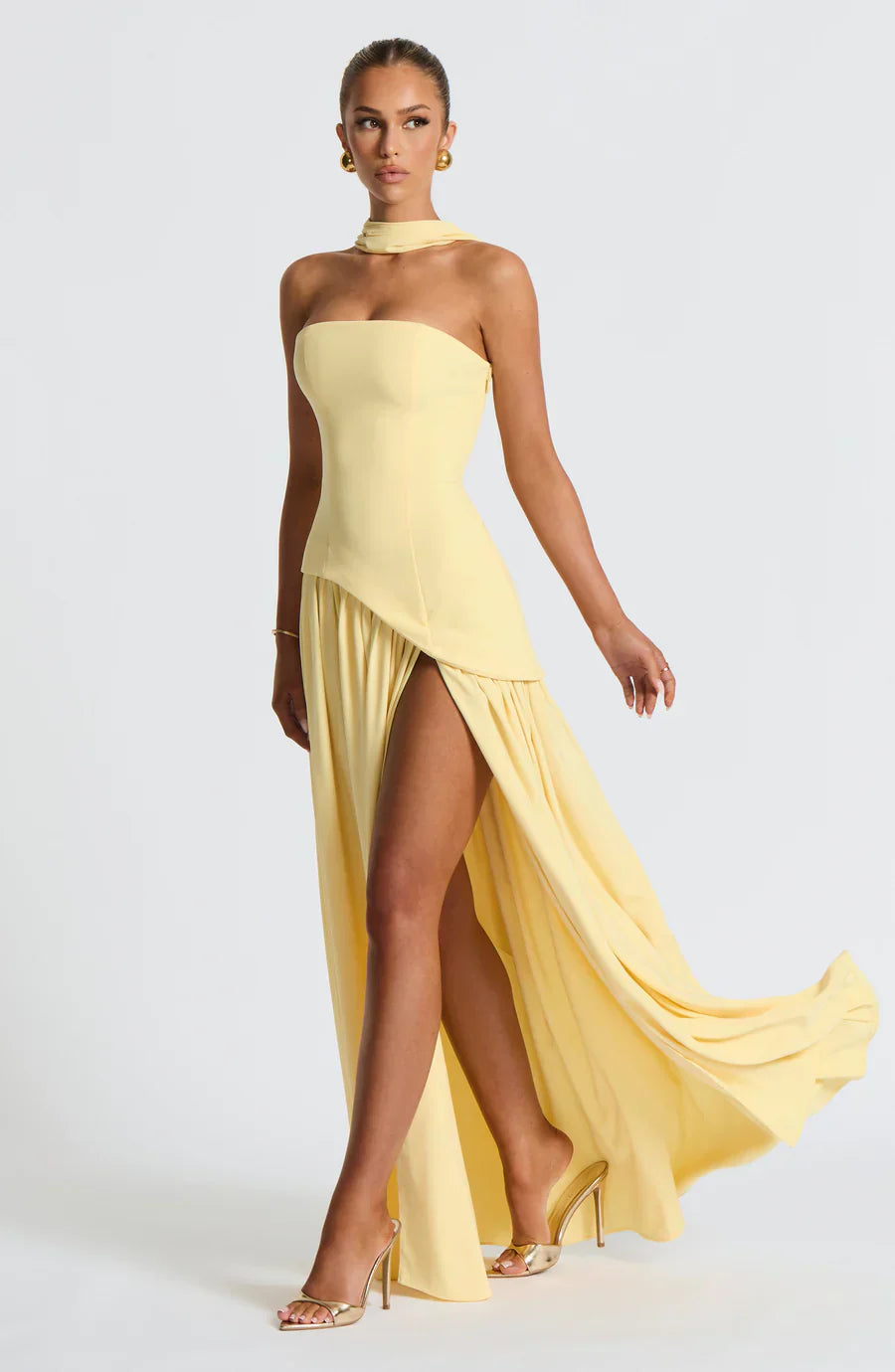 Victoria Robe Longue Femme – Robe de Soirée Bustier Bicolore avec Fente Haute & Foulard Assorti