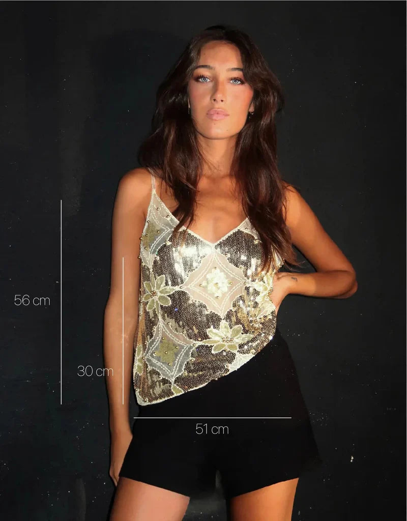Diana Haut Femme – Diseño Floral Elegante Semi-Transparente con Lentejuelas y Cuello en V