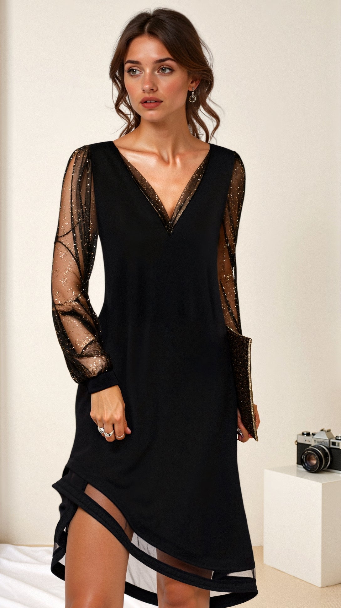 Lia Robe de Soirée Femme – Dlouhé dámské šaty Glamour s třpytivou látkou a elegantním střihem