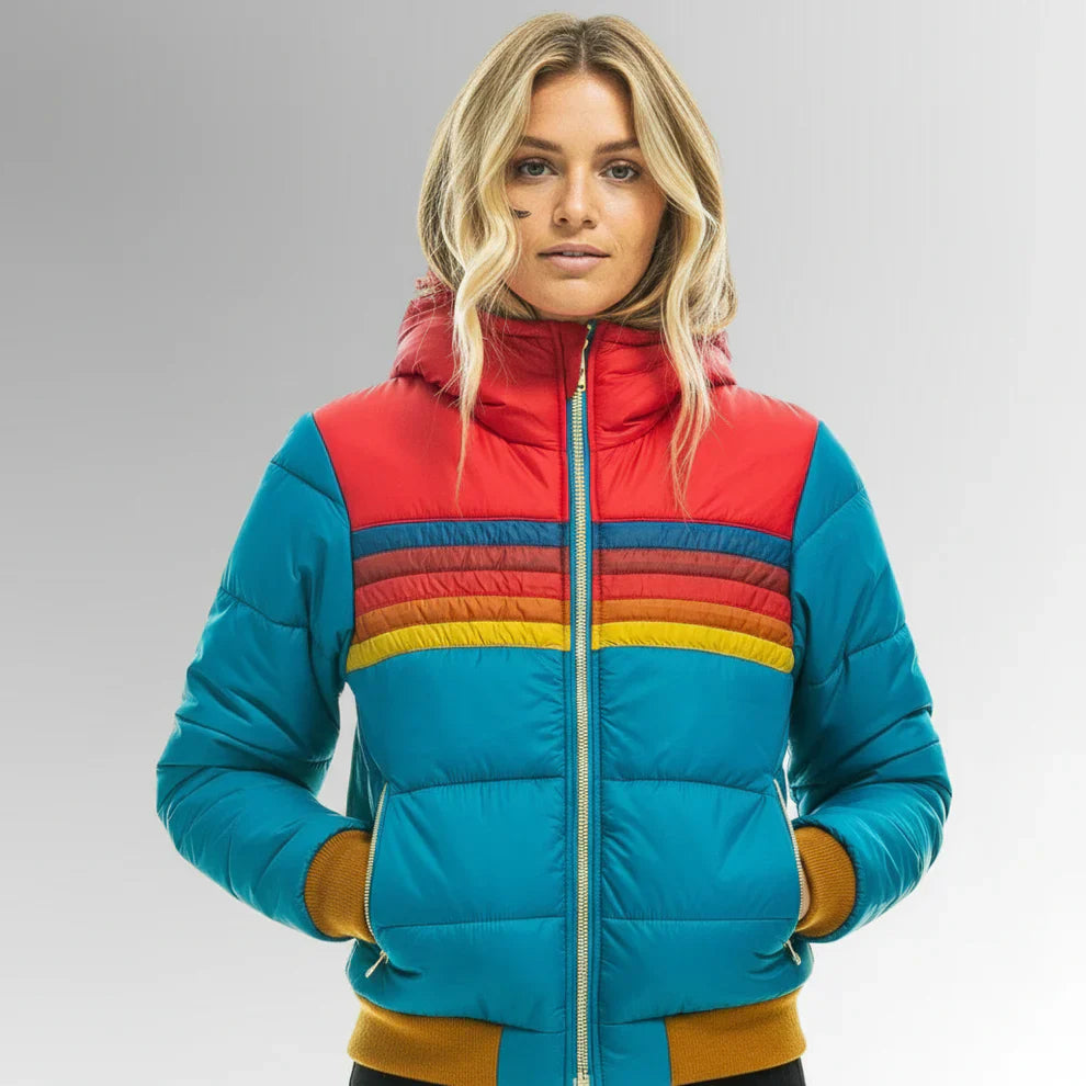Scarlett Doudoune Damen Retro – Mehrfarbiger Wintermantel mit Kapuze und Reißverschluss