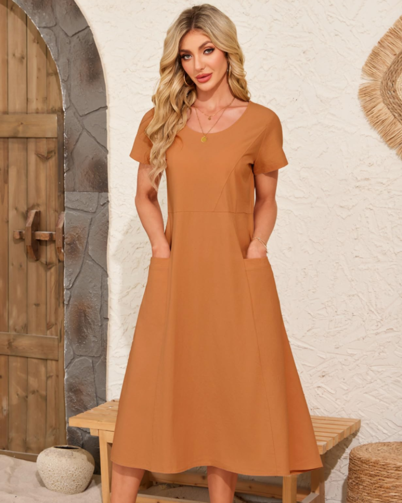 Rochie Maxi Sussie pentru Femei din Bumbac – Rochie de Vară cu Guler Rotund, Croială Lejeră și Buzunare Confortabile