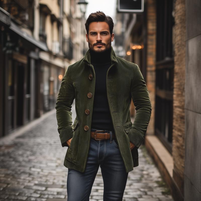 Emerson Manteau Homme Velours Côtelé – Coupe Slim avec Col Montant & Poches Latérales Élégantes