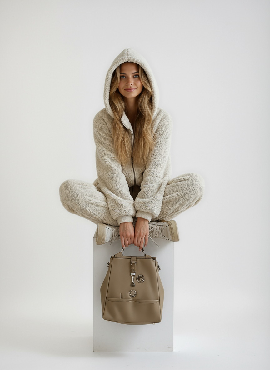 Conjunto Madelyn de Roupa de Descanso Feminina em Pêlo Teddy – Ultra Suave, Corte Descontraído com Design Aconchegante Bege