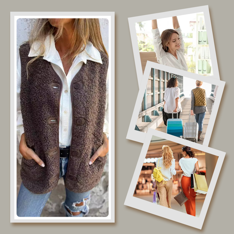 Julietta Gilet Femme en Maille – Chaleco sin mangas con botones con tejido suave y bolsillos prácticos