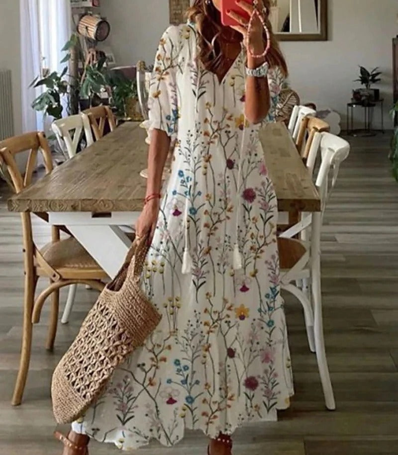 Long Dress Woman Bettina – Bohemian Summer Dress with Waist Cord & Airy Cut