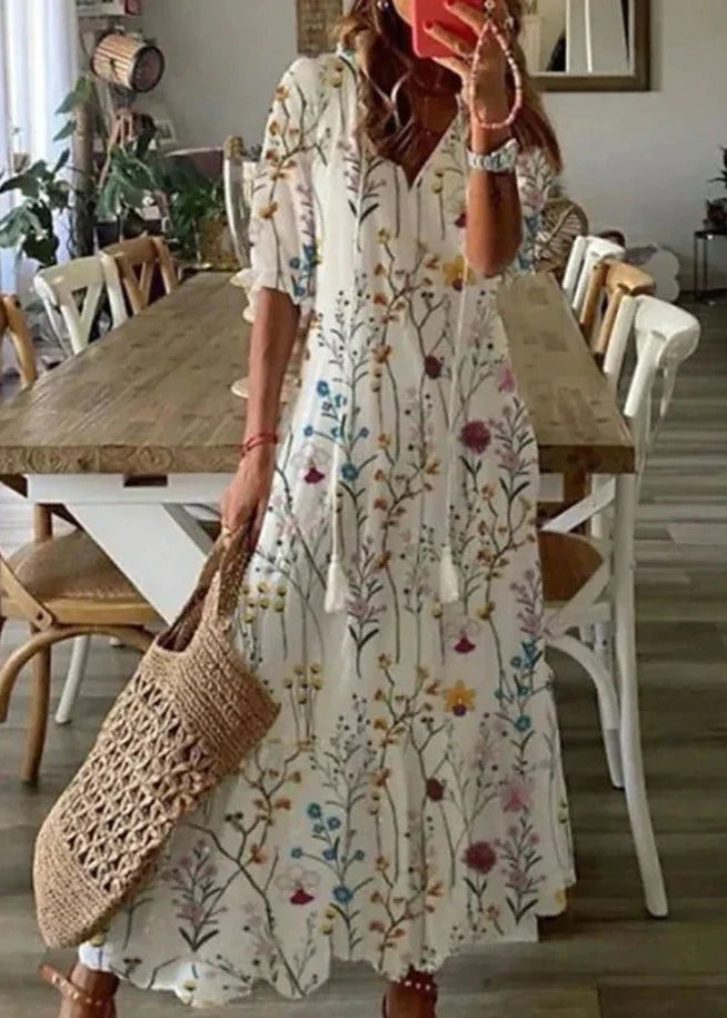 Kasey Sommerkjole til kvinder – Let lang kjole med blomsterprint, bælte i taljen og 3/4 ærmer