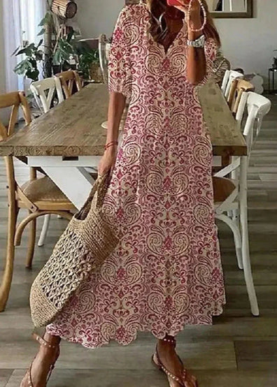 Kasey Sommerkjole til kvinder – Let lang kjole med blomsterprint, bælte i taljen og 3/4 ærmer