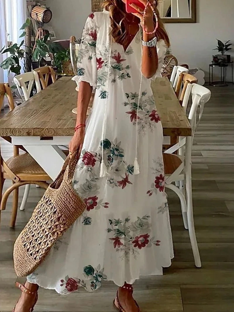 Long Dress Woman Bettina – Bohemian Summer Dress with Waist Cord & Airy Cut