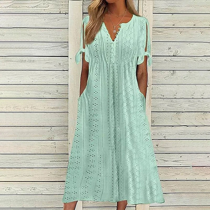 Mariah Robe Midi Été Femme – Élégante Robe à Col en V en Broderie Anglaise Légère