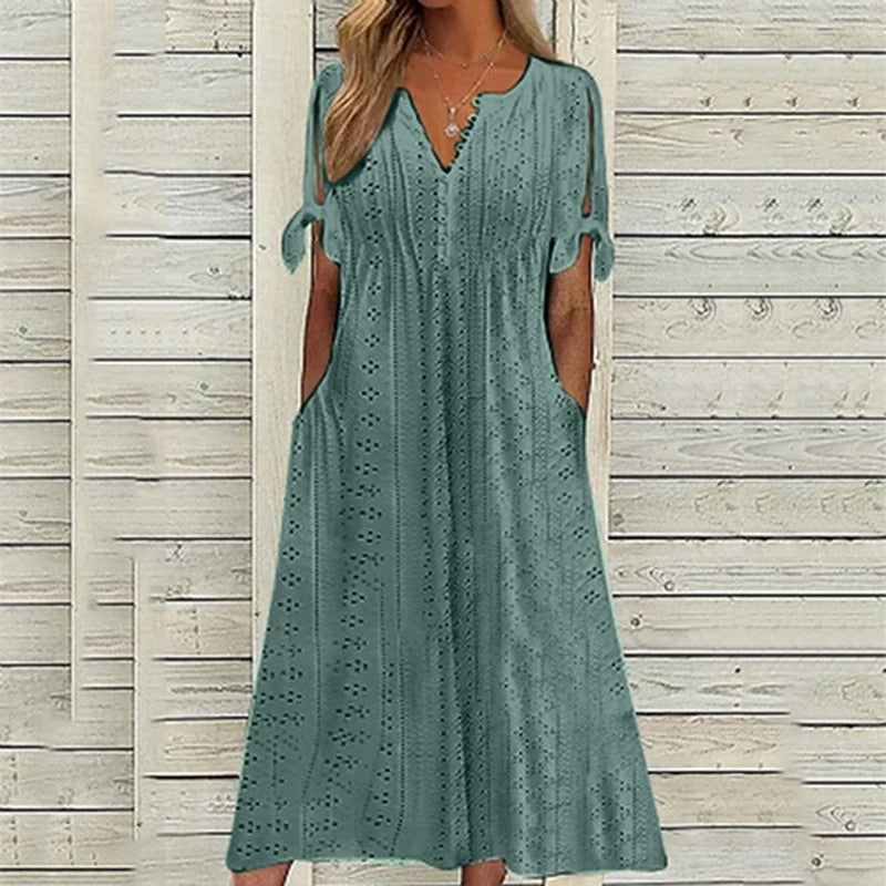 Mariah Midi Sommerkjole Dame – Elegant V-halskjole i Lett Broderie Anglaise