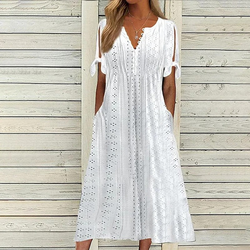Mariah Midi Sommerkjole Dame – Elegant V-halskjole i Lett Broderie Anglaise