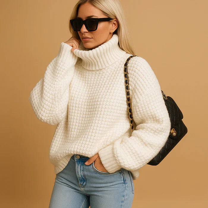 Hyacinth Pull Col Roulé Femme – Maille Épaisse Décontractée & Couleur Neutre Chic