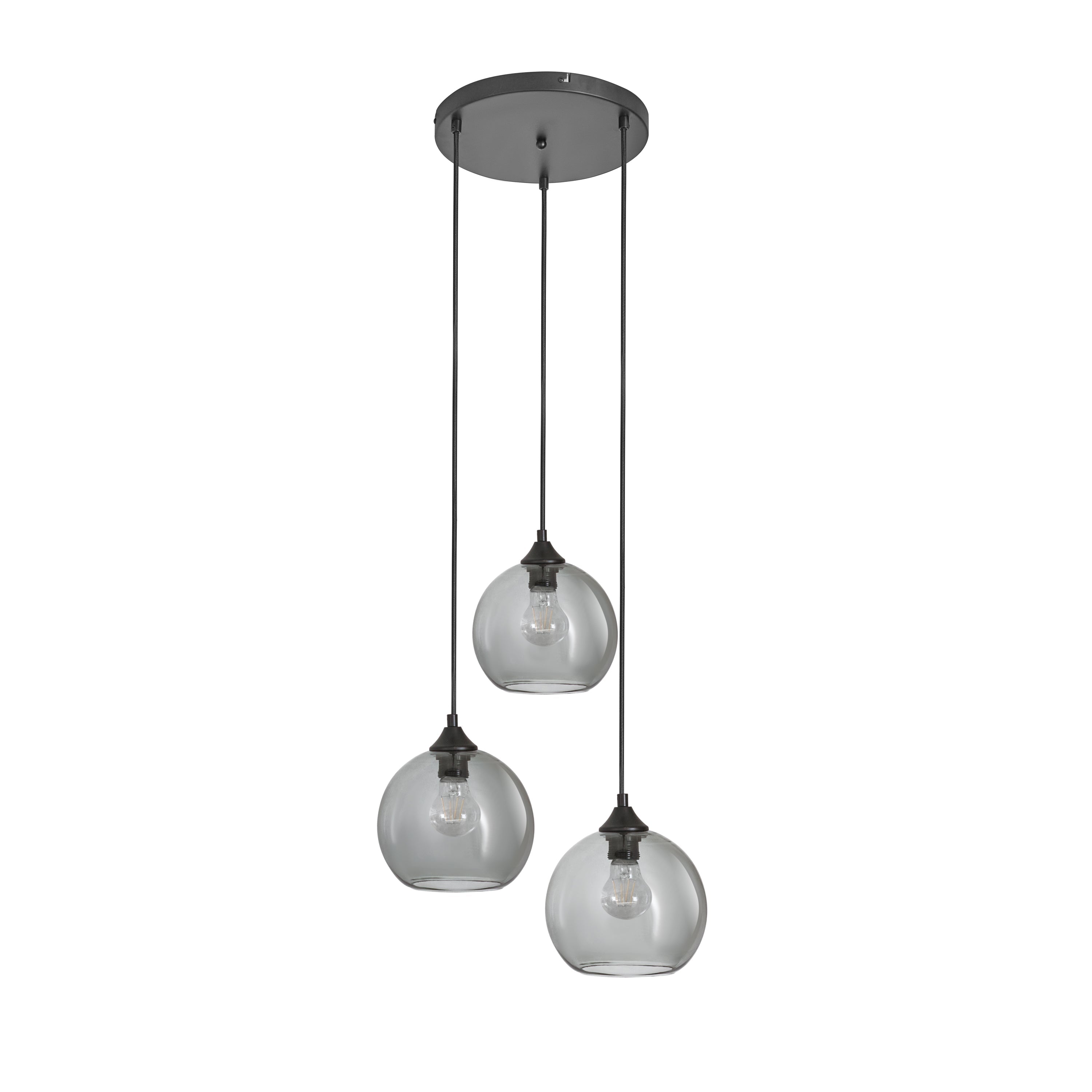 Lampa wisząca 3-punktowa z kulami, szkło czarne przydymione, styl industrialny, do salonu lub jadalni, LED