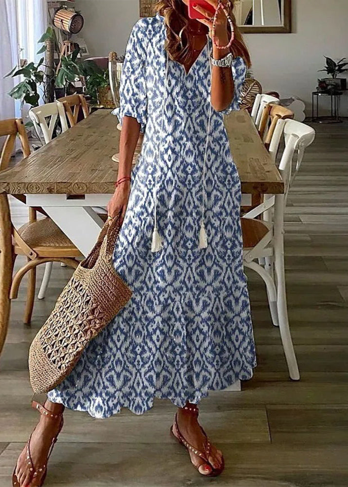 Kasey Sommerkjole til kvinder – Let lang kjole med blomsterprint, bælte i taljen og 3/4 ærmer