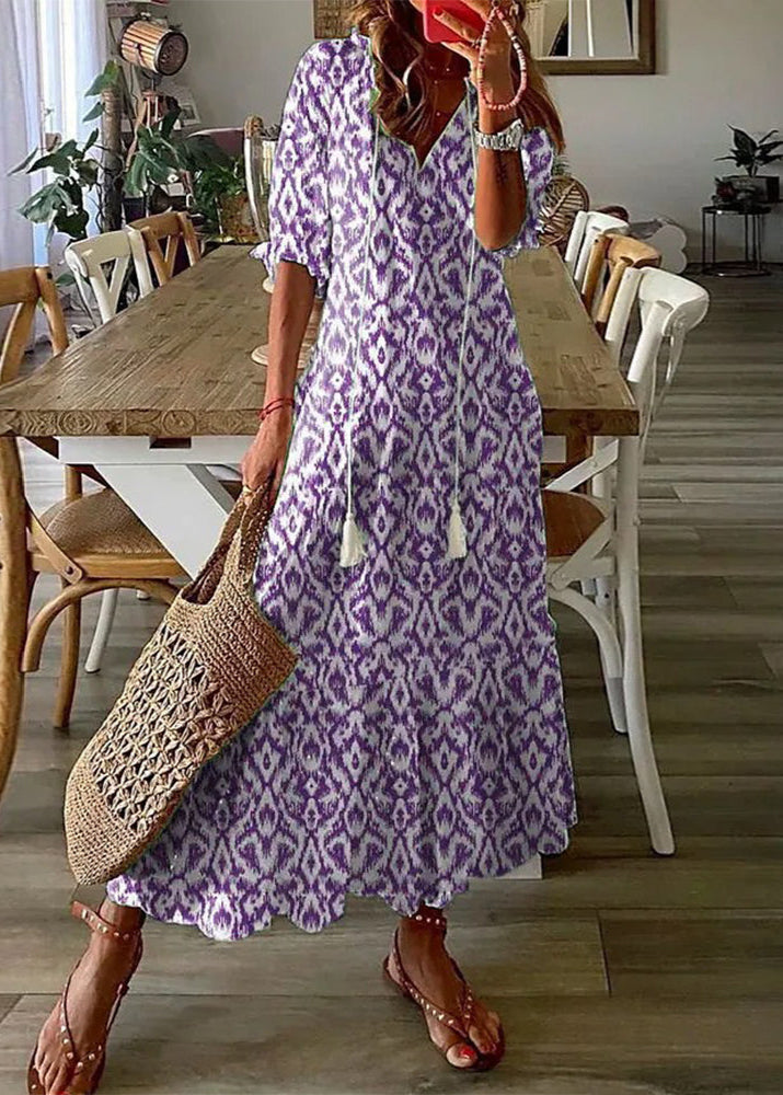 Kasey Sommerkjole til kvinder – Let lang kjole med blomsterprint, bælte i taljen og 3/4 ærmer