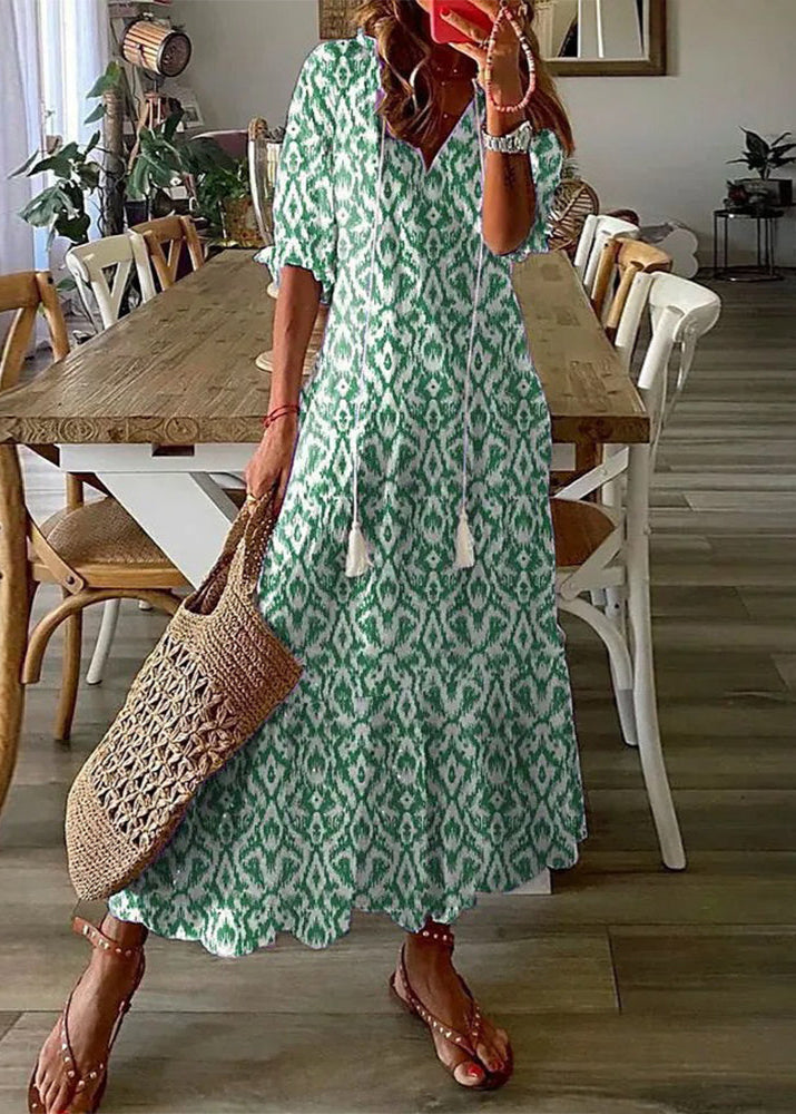 Kasey Sommerkjole til kvinder – Let lang kjole med blomsterprint, bælte i taljen og 3/4 ærmer