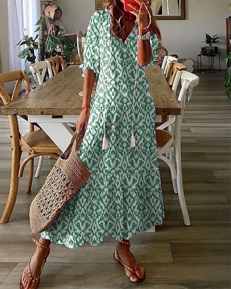 Vestido Comprido Mulher Barila – Vestido Boémio de Verão com Decote em V, Estampa Vintage e Algodão Confortável