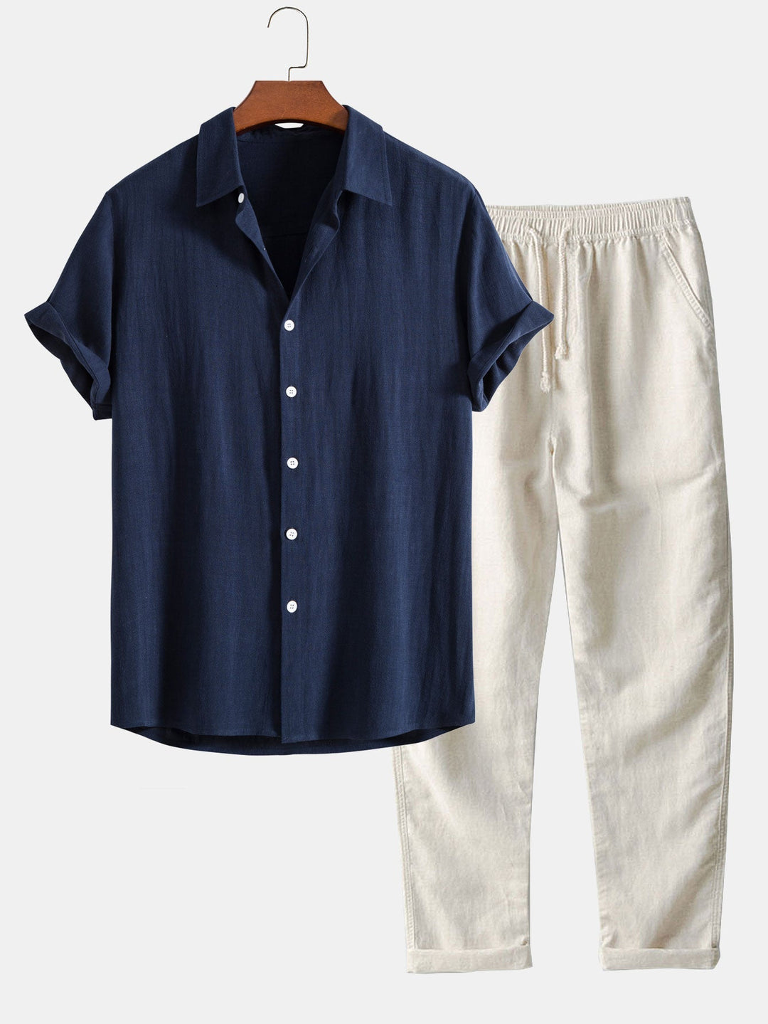 Richard Ensemble Estival Homme – Look en Lin Respirant avec Manches Courtes & Pantalon Confortable