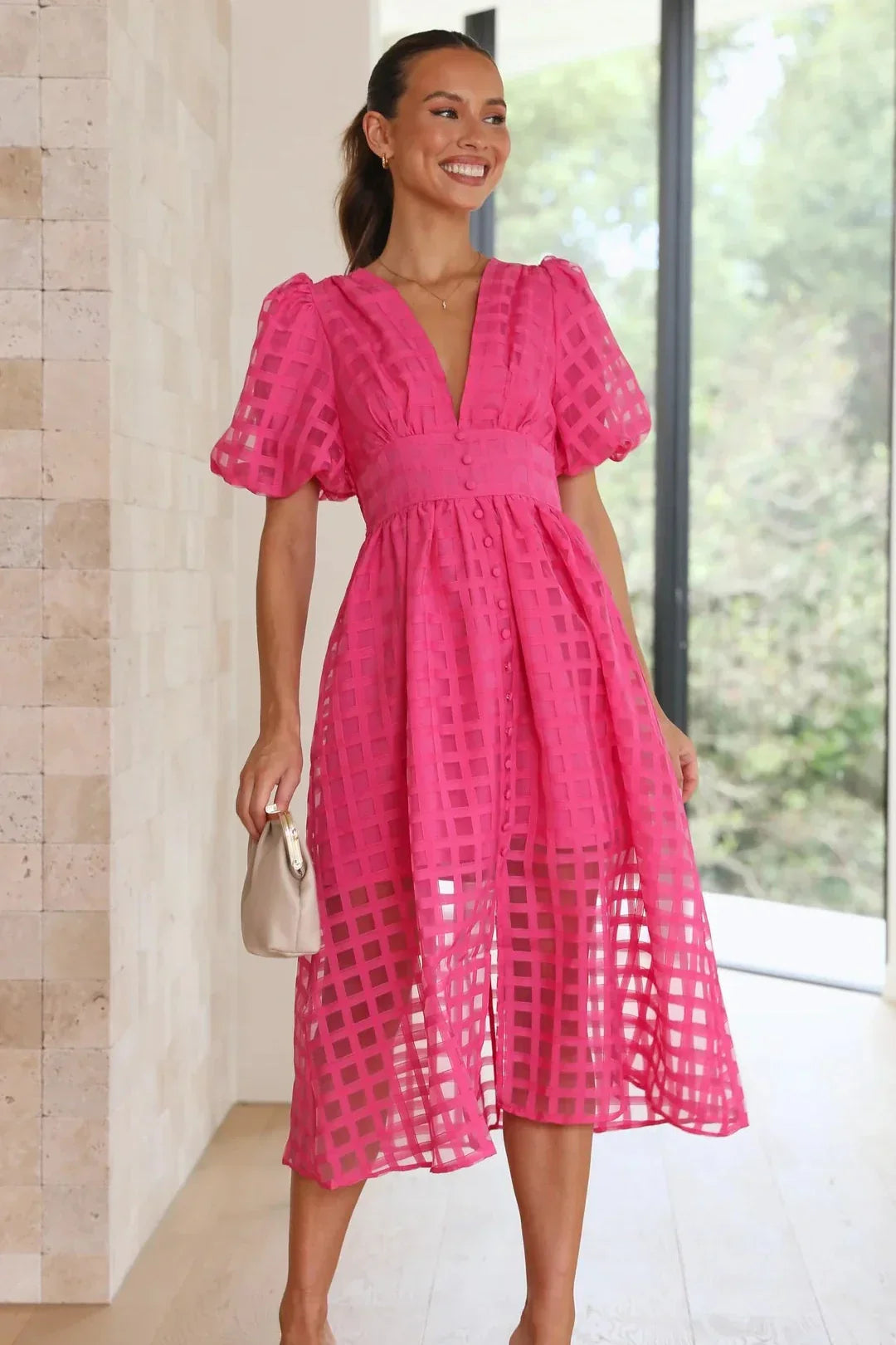 Mylene Midi Dress Woman – Chic Checkered Dress with Volume & Bright Color