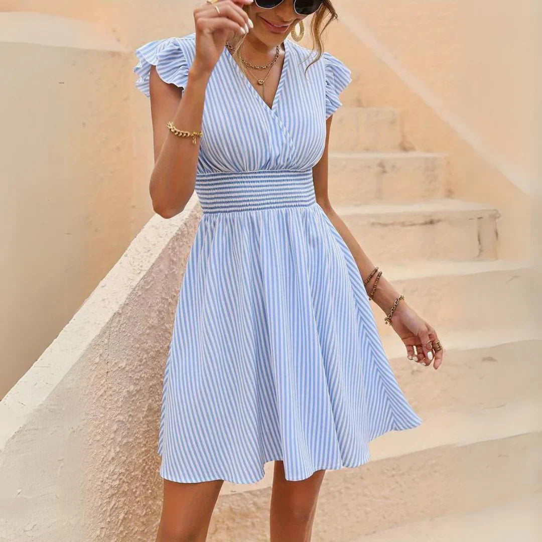 Ailani Vestido Mulher – Vestido às Riscas Elegante com Mangas com Folhos e Corte Feminino de Verão