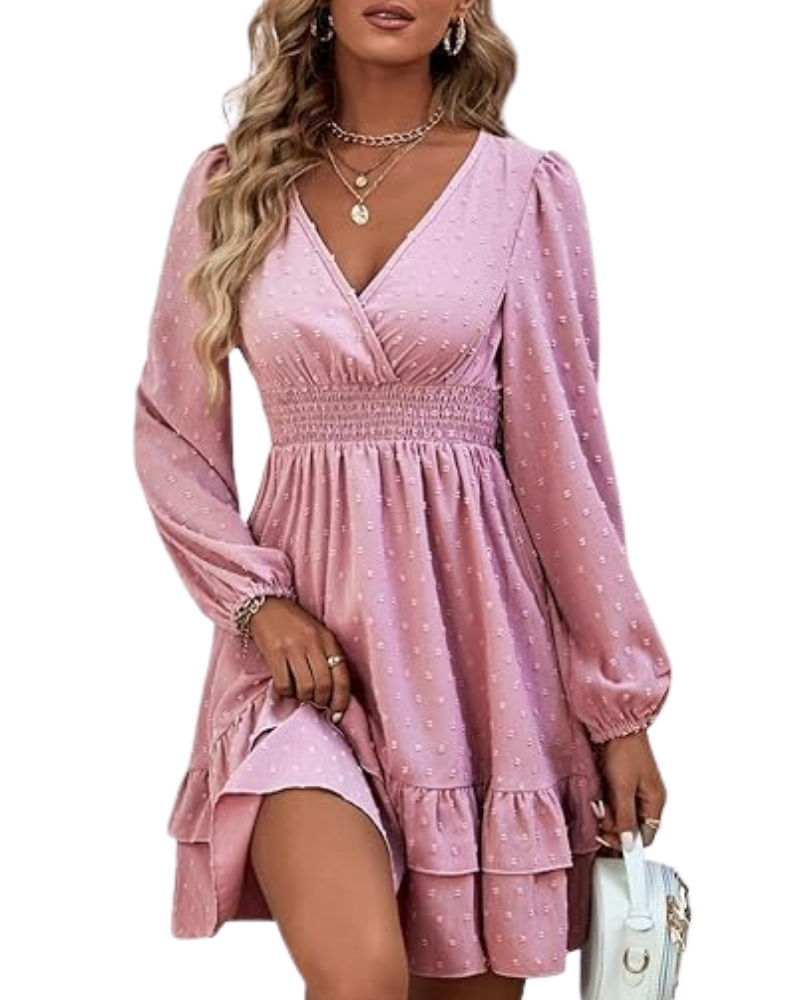 Rini Women's Short Dress – V-Neck, Puff Sleeves & Ruffles A-Line Boho Summer