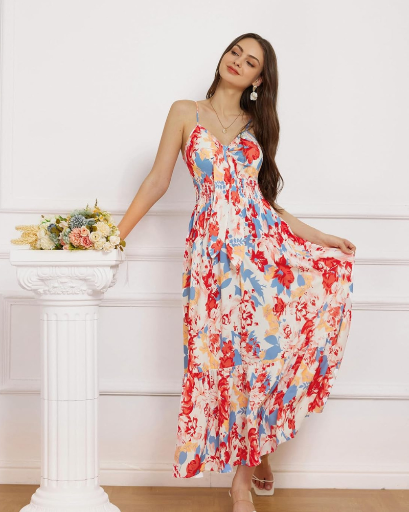 Darla Robe Femme Maxi Fleurie – Bretelles Fines, Col V, Taille Nouée Bohème Été