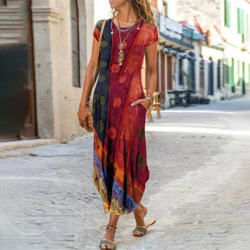 Caroline Robe Maxi Femme – Coton & Lino, Corte Fluido y Motivo Atemporal