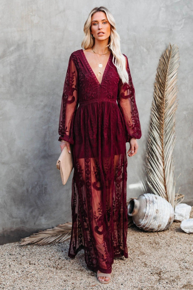 Delilah Rochie Lungă Femei – Rochie Boemă de Vară cu Dantelă, Decolteu în V Adânc & Fenta Înaltă