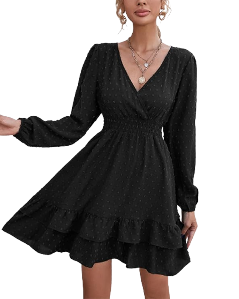 Rini Women's Short Dress – V-Neck, Puff Sleeves & Ruffles A-Line Boho Summer