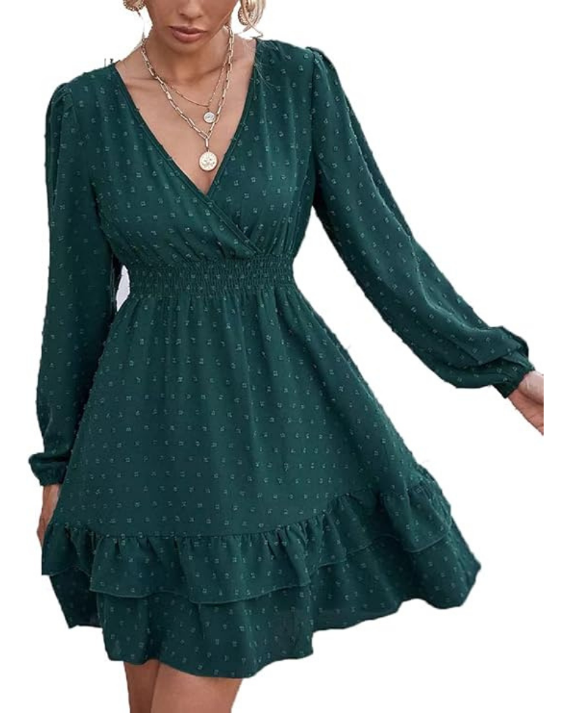 Rini Women's Short Dress – V-Neck, Puff Sleeves & Ruffles A-Line Boho Summer