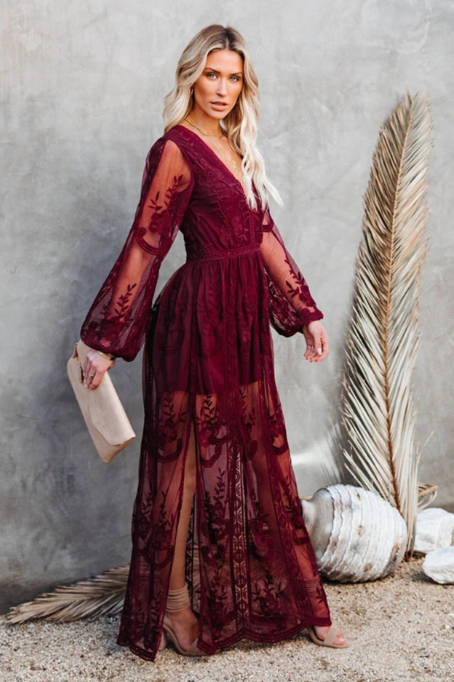 Delilah Rochie Lungă Femei – Rochie Boemă de Vară cu Dantelă, Decolteu în V Adânc & Fenta Înaltă