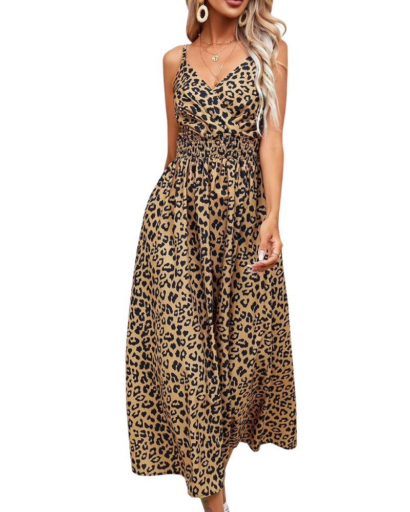 Carmie Robe Femme Léopard Maxi – Bretelles, Dos Nu, Col V, Coupe A-Line Été