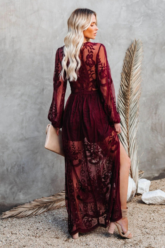 Delilah Rochie Lungă Femei – Rochie Boemă de Vară cu Dantelă, Decolteu în V Adânc & Fenta Înaltă
