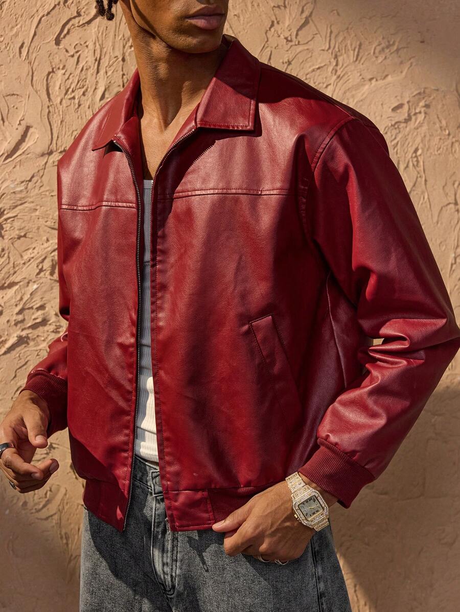 Vince Veste Homme Similicuir Rot – Moderne Reißverschlussjacke mit fallenden Schultern Urbaner Stil