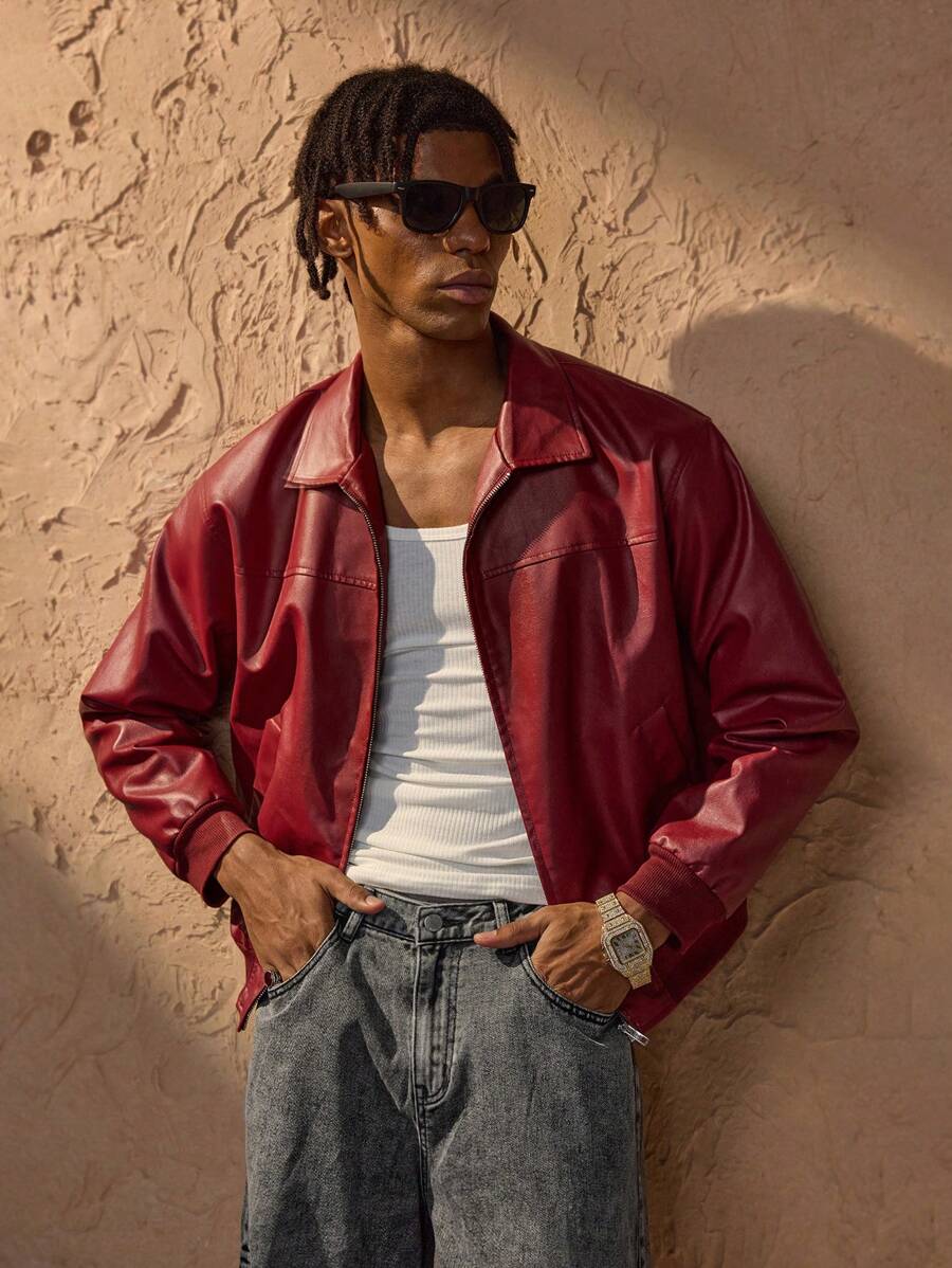 Vince Veste Homme Similicuir Rot – Moderne Reißverschlussjacke mit fallenden Schultern Urbaner Stil